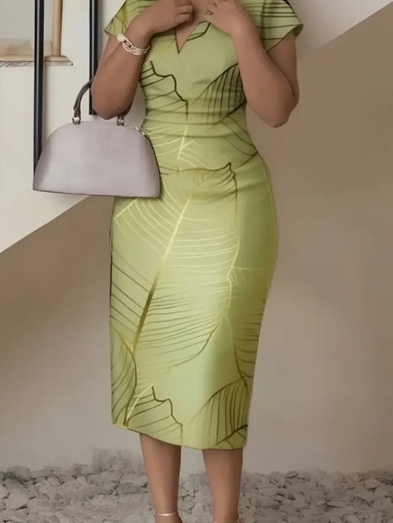 Dresses & Skirts - Elegant Green Leaf-Print Sheath Dress